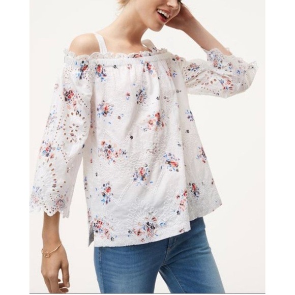 Loft Women's Floral Eyelet Embroidered Loose Off Shoulder Top Small. Boho Dainty - Picture 1 of 10